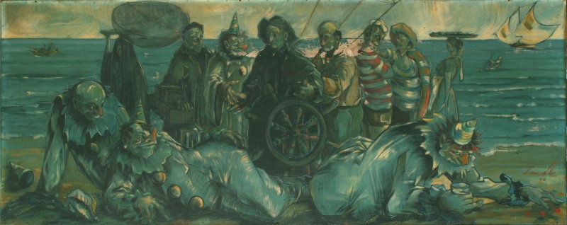 Paesaggio marino con pescatori e maschere